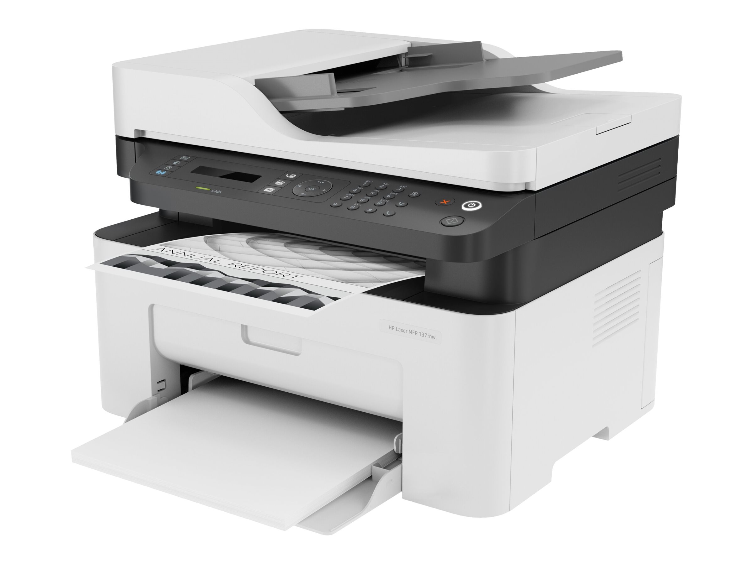 HP Laser MFP 137fnw - Multifunction printer - B/W - laser - Legal (8.5 in x 14 in)/A4 (8.25 in x 11.7 in) (original) - A4/Legal (media) - up to 20 ppm (copying) - up to 21 ppm (printing) - 150 sheets - 33.6 Kbps - USB 2.0, LAN, Wi-Fi(n)